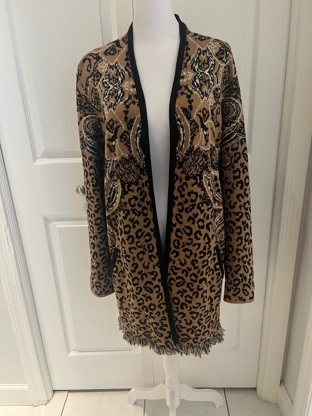 Chico's Tan and Black Leopard-Print Open Cardigan
